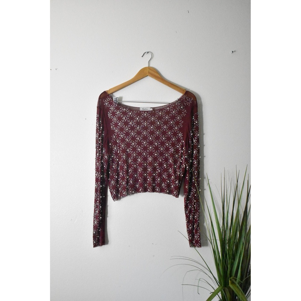 Faded Rose Mesh Top Women Large Burgundy Modern Pearl Rhinestone Embellished M8 - Picture 7 of 10